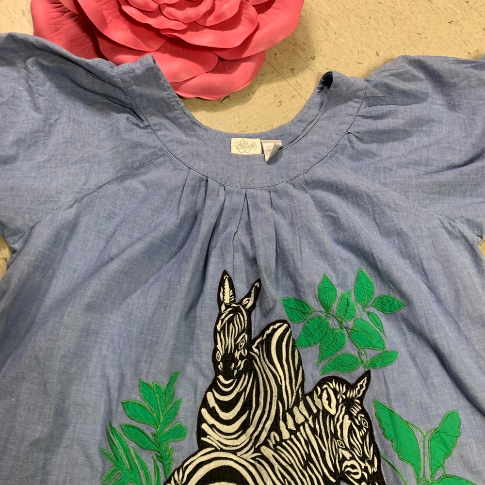 GO SOFTLY Patio Womens Sz L Blue Embroidered Applique Zebra Short Sleeve‎ Dress - Picture 3 of 10